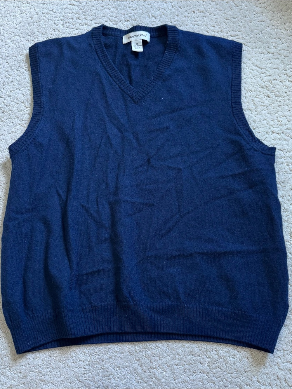 Pronto Uomo Mens Navy Blue V-Neck 100% Merino Wool Sweater Vest Size Medium